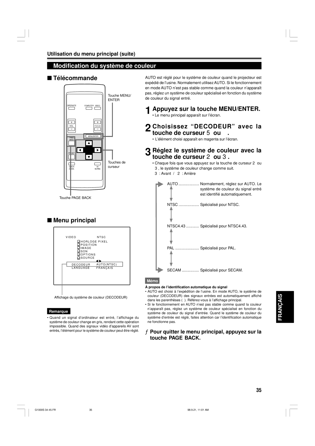 JVC G1000S manual Modification du système de couleur, Appuyez sur la touche MENU/ENTER 