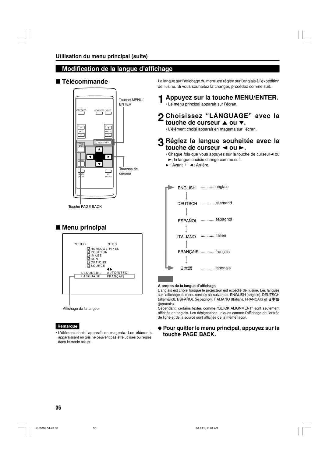 JVC G1000S manual Modification de la langue d’affichage, Réglez la langue souhaitée avec la touche de curseur 2 ou 