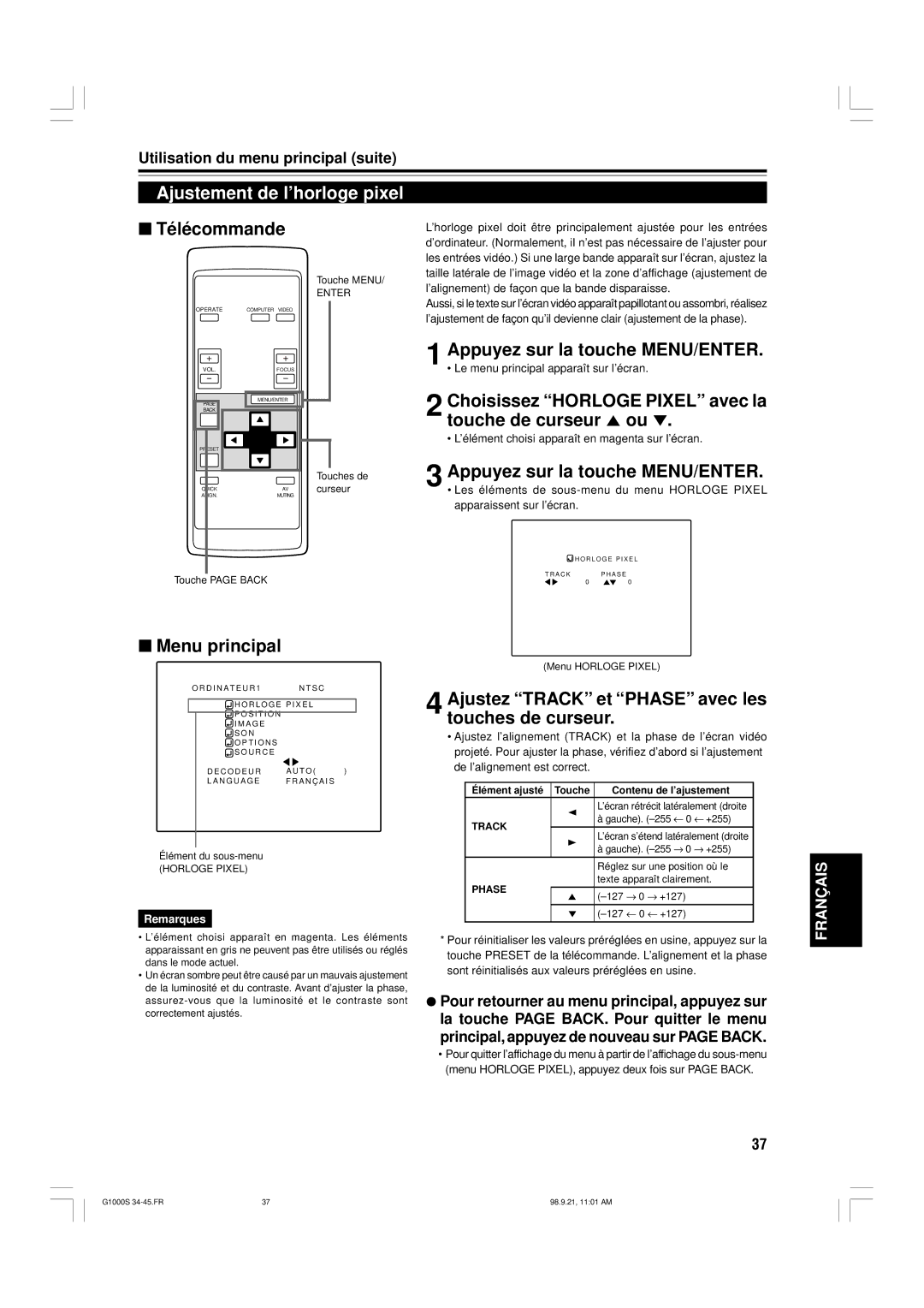 JVC G1000S manual Ajustement de l’horloge pixel, Choisissez Horloge Pixel avec la touche de curseur 5 ou 