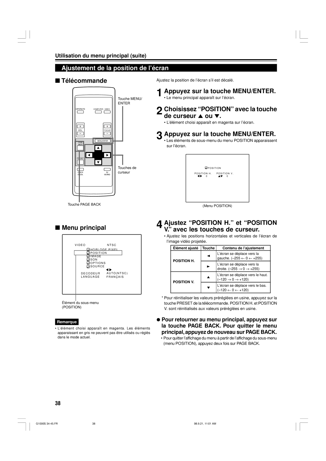 JVC G1000S manual Ajustement de la position de l’écran, Choisissez Position avec la touche de curseur 5 ou 