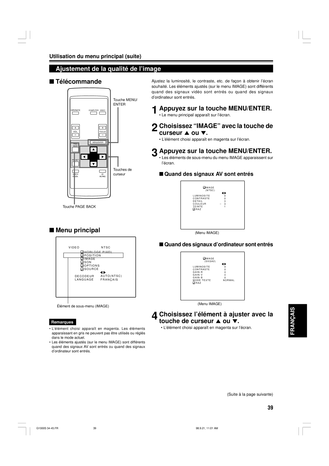 JVC G1000S manual Ajustement de la qualité de l’image, Curseur 5 ou, Quand des signaux AV sont entrés 