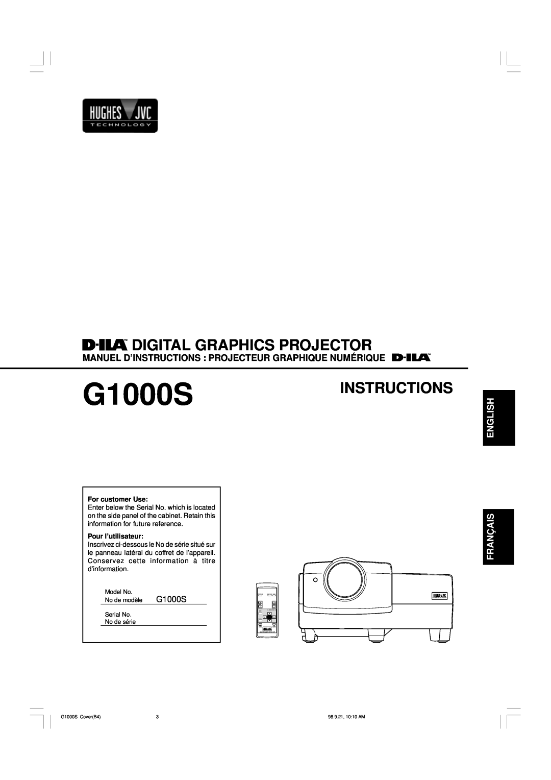 JVC manual Digital Graphics Projector, G1000SINSTRUCTIONS, Manuel D’Instructions Projecteur Graphique Numérique, Back 