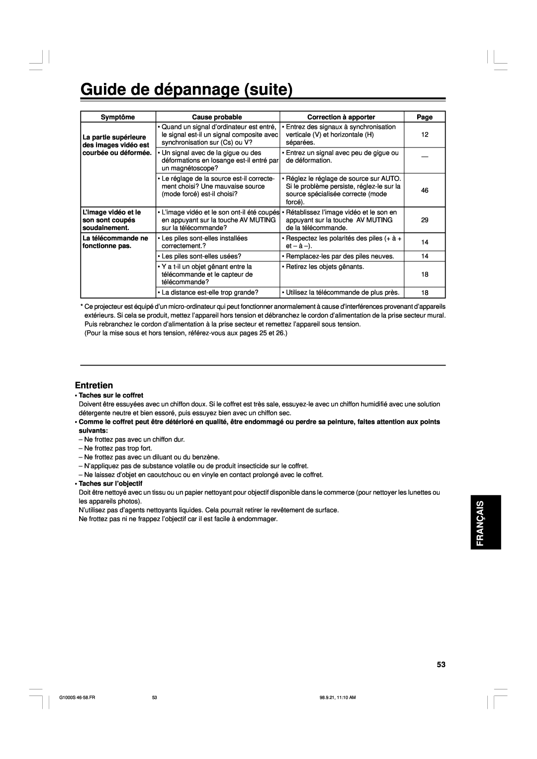 JVC G1000S manual Guide de dépannage suite, Entretien, Français, Symptôme, Cause probable, Correction à apporter, Page 