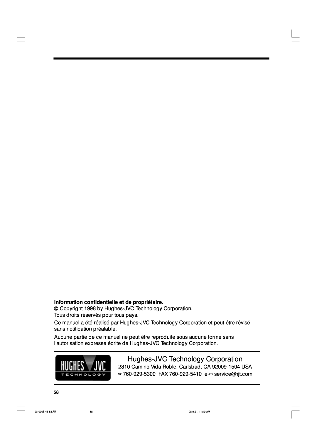 JVC G1000S manual Hughes-JVC Technology Corporation, Information confidentielle et de propriétaire 