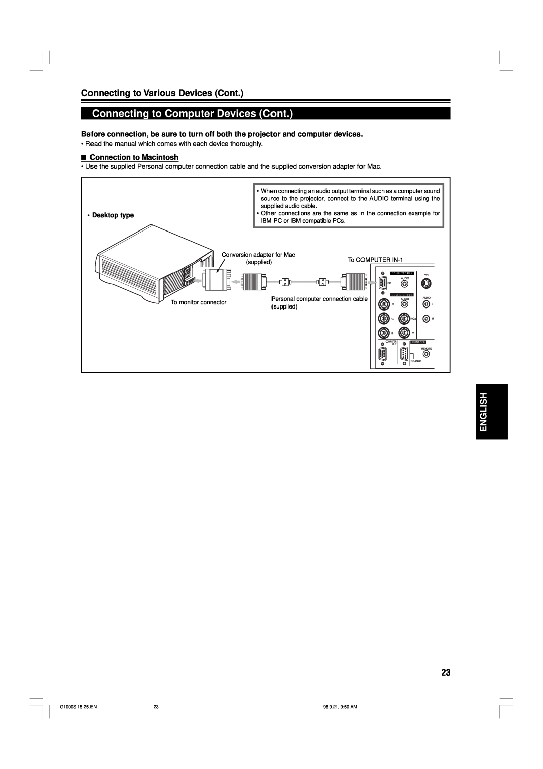 JVC G1000S manual Connecting to Computer Devices Cont, Connecting to Various Devices Cont, English, Connection to Macintosh 