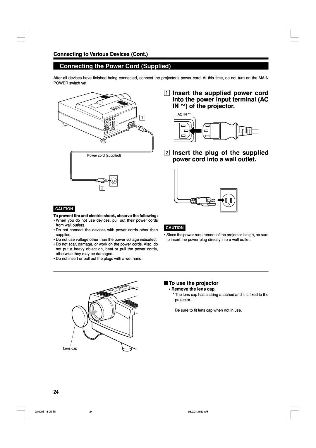 JVC G1000S manual Connecting the Power Cord Supplied, Insert the supplied power cord, Connecting to Various Devices Cont 