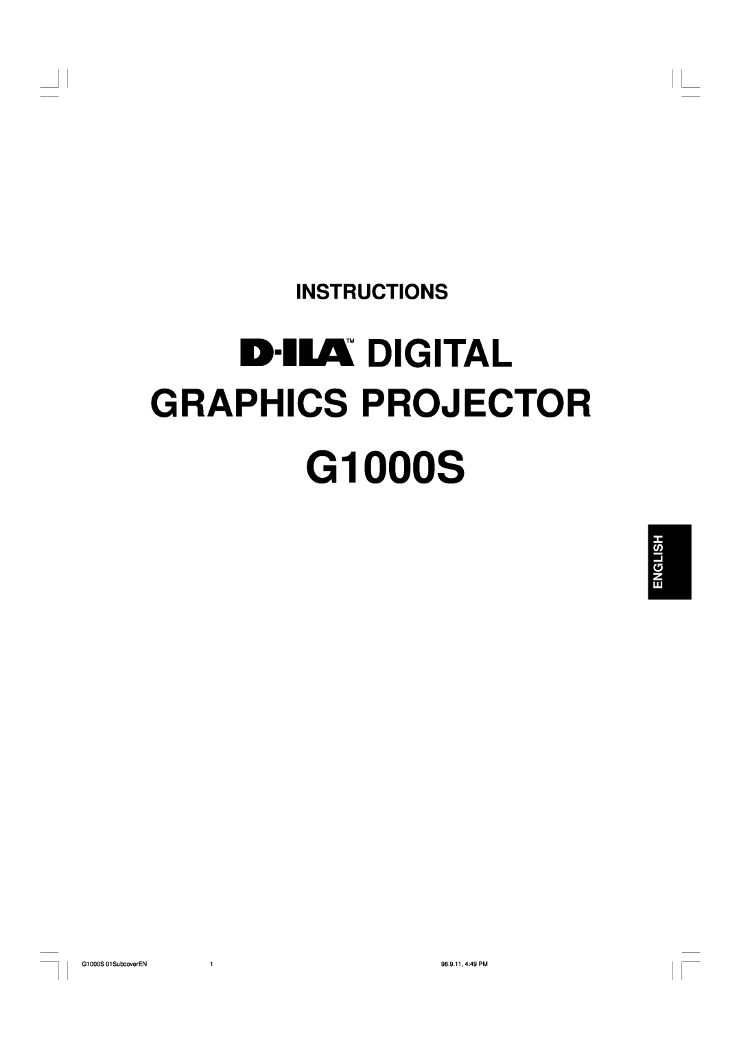 JVC manual Digital Graphics Projector, Instructions, English, G1000S 01SubcoverEN, 98.9.11, 449 PM 