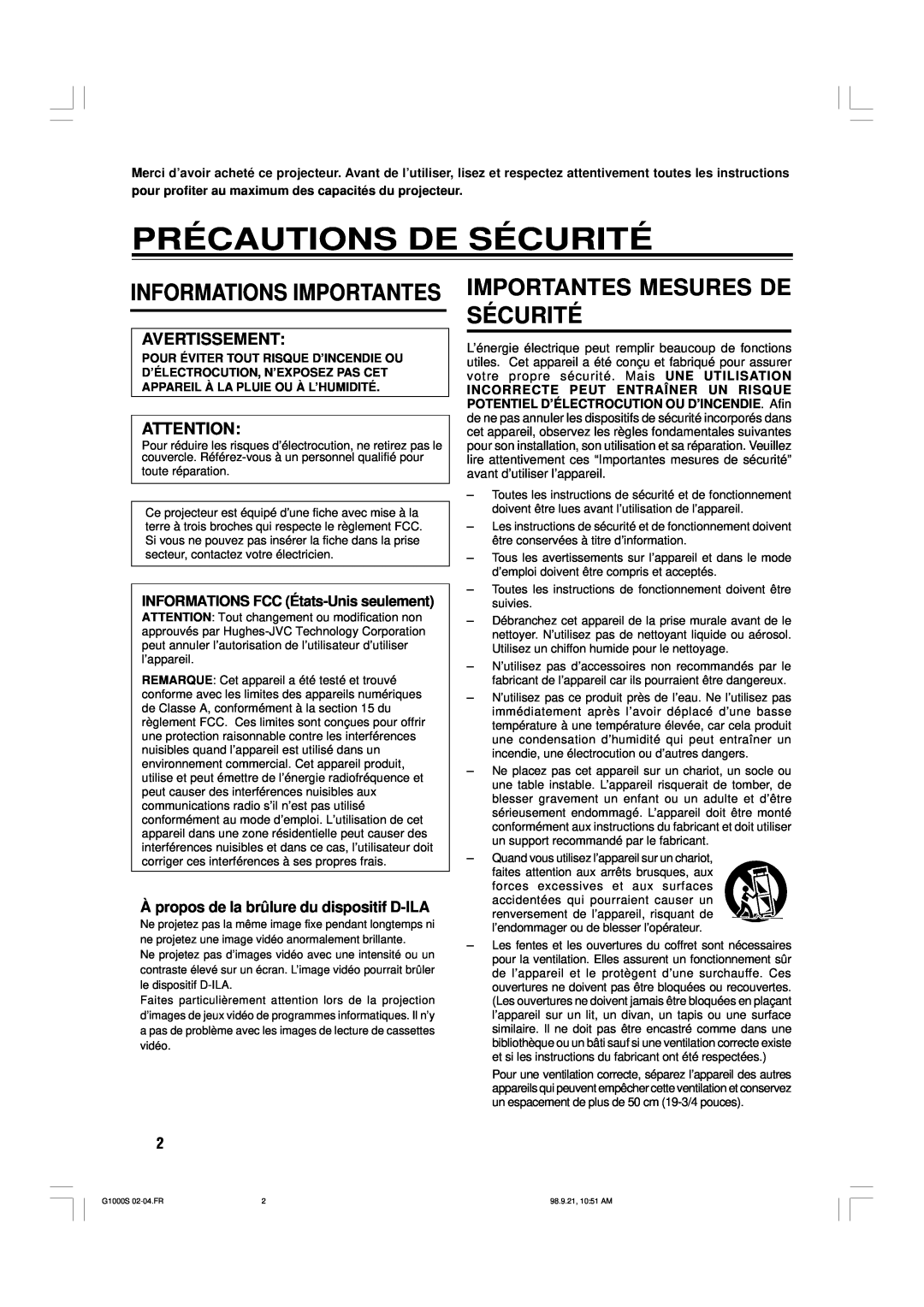 JVC G1000S manual Précautions De Sécurité, Importantes Mesures De Sécurité, Informations Importantes, Avertissement 