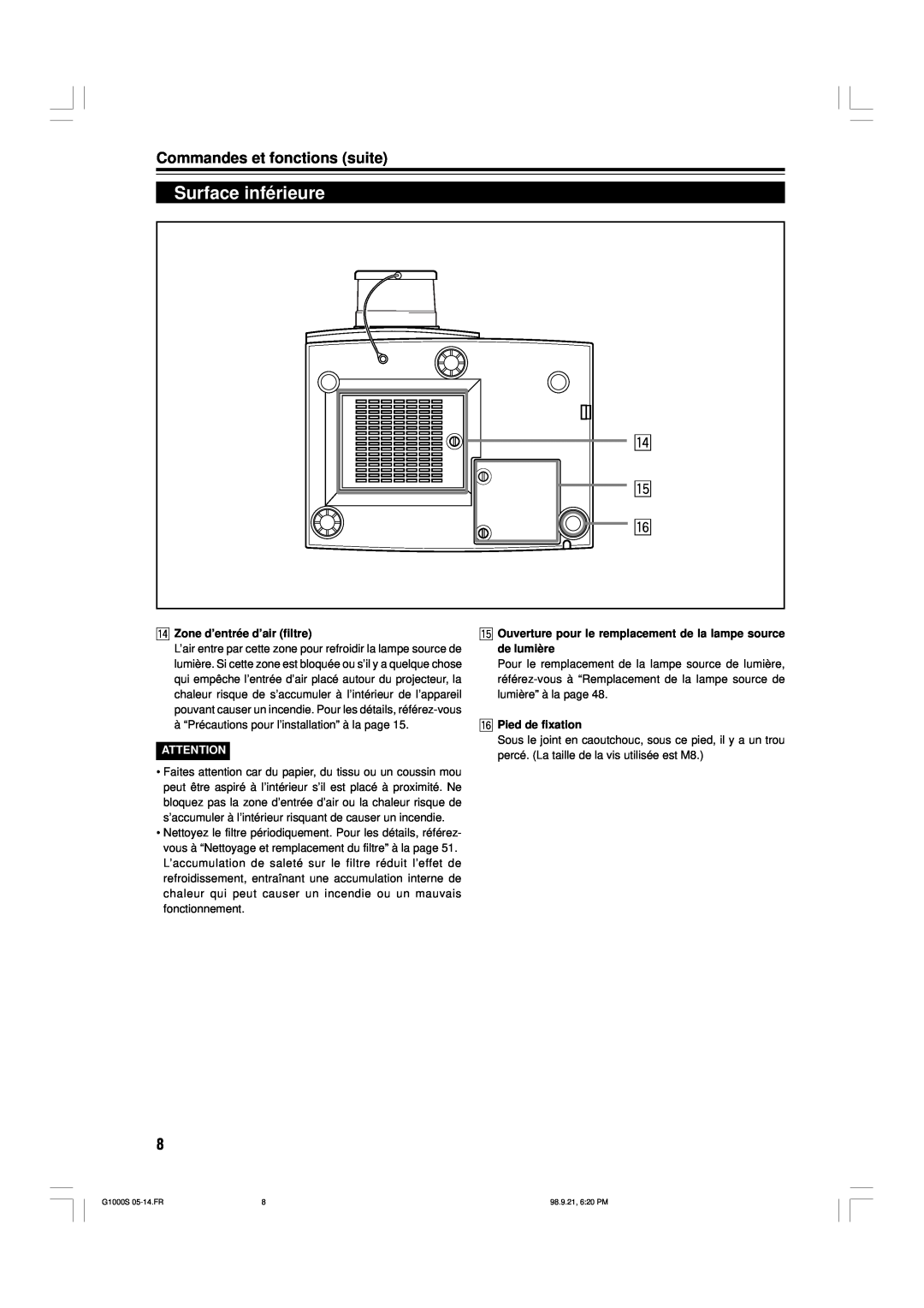 JVC G1000S manual Surface inférieure, r t y, Commandes et fonctions suite, r Zone d’entrée d’air filtre, y Pied de fixation 