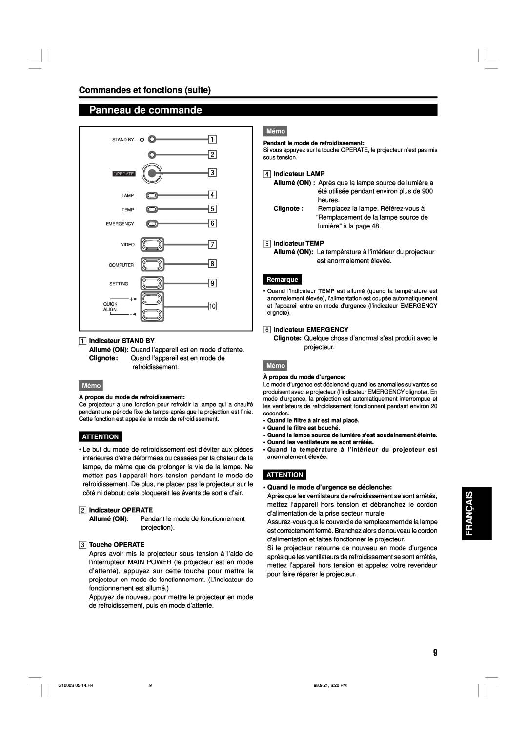 JVC G1000S manual Panneau de commande, Commandes et fonctions suite, Français, Indicateur STAND BY, Mémo, Indicateur LAMP 