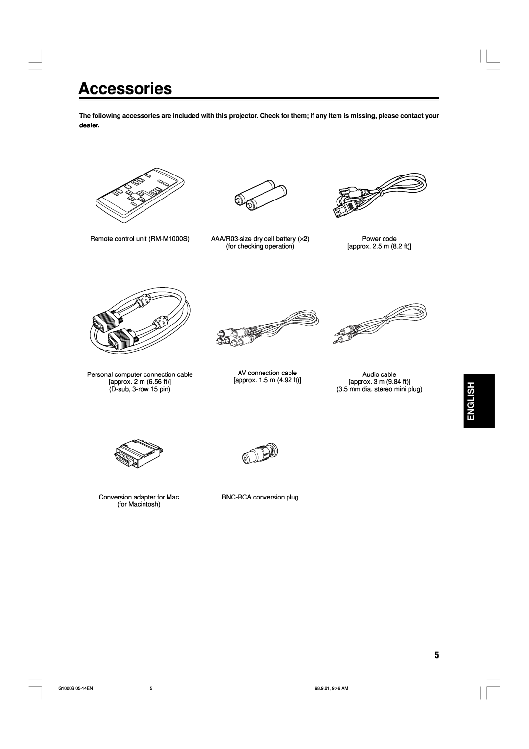 JVC G1000S manual Accessories, English, dealer 