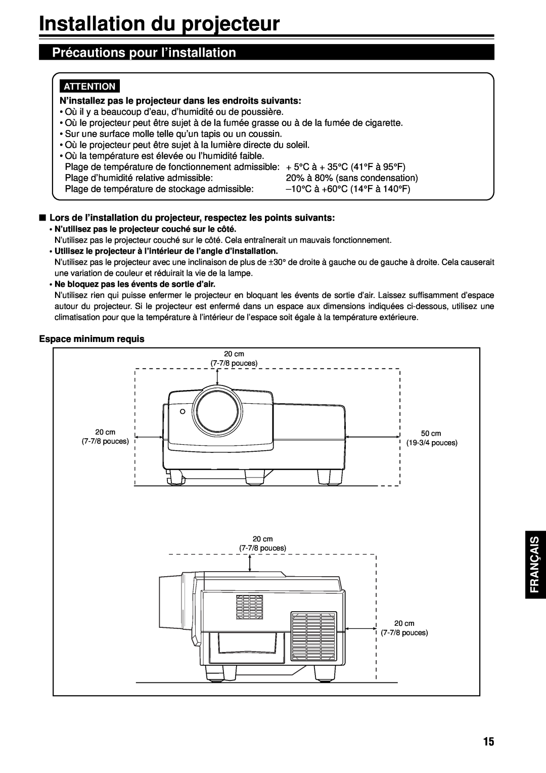 JVC G1000S manual Installation du projecteur, Précautions pour l’installation, Français, Espace minimum requis 