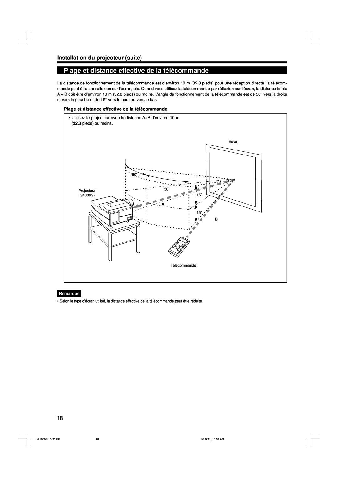 JVC G1000S manual Plage et distance effective de la télécommande, Installation du projecteur suite, Remarque 