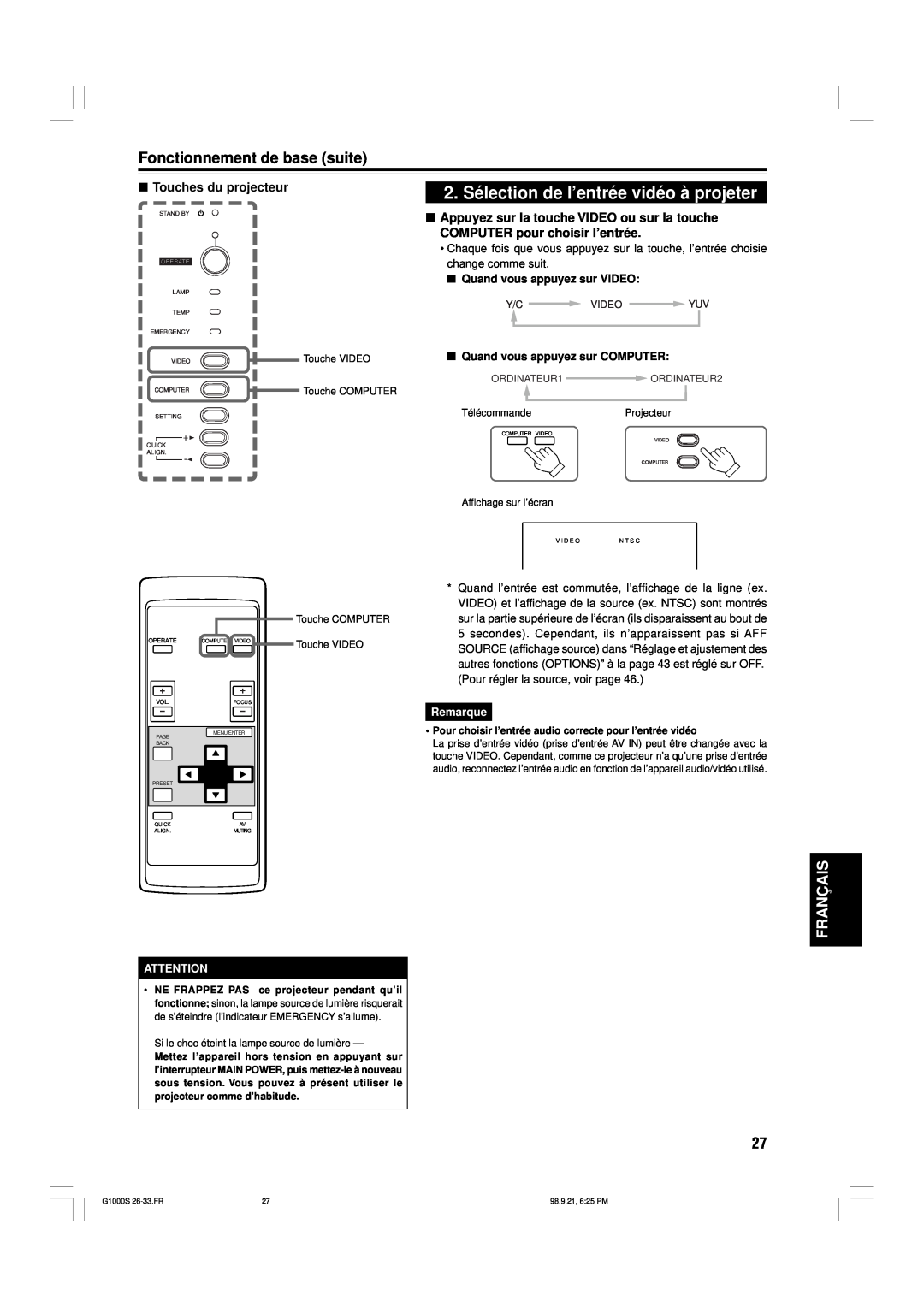 JVC G1000S manual 2. Sélection de l’entrée vidéo à projeter, Fonctionnement de base suite, Français, Touches du projecteur 