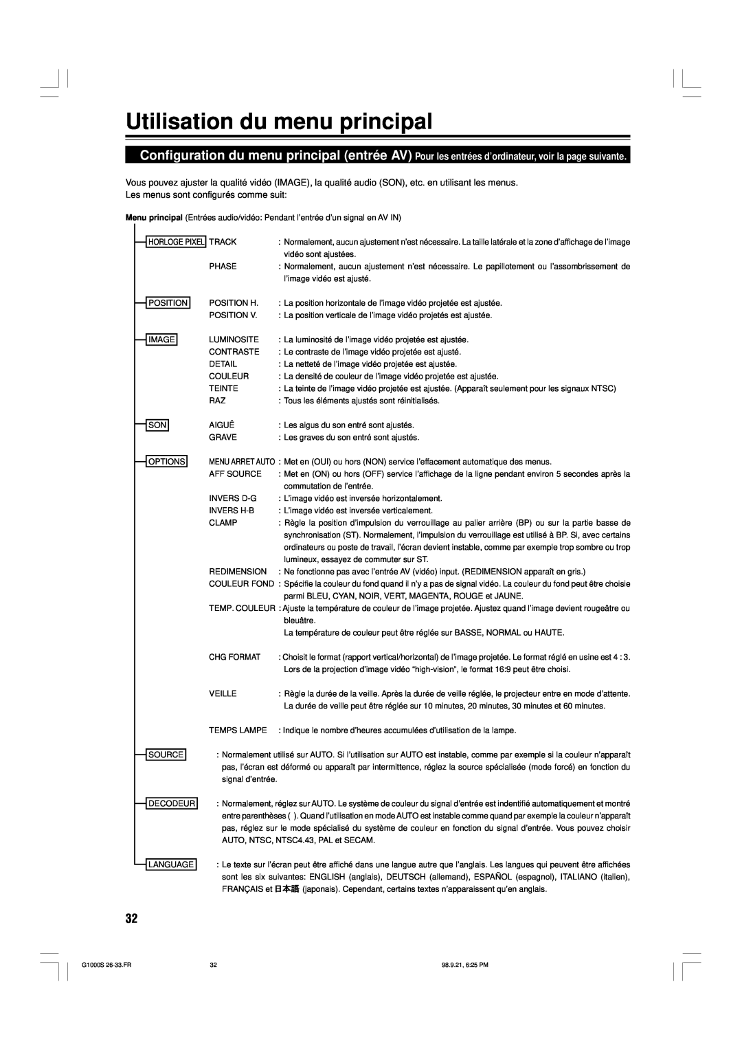 JVC G1000S manual Utilisation du menu principal 