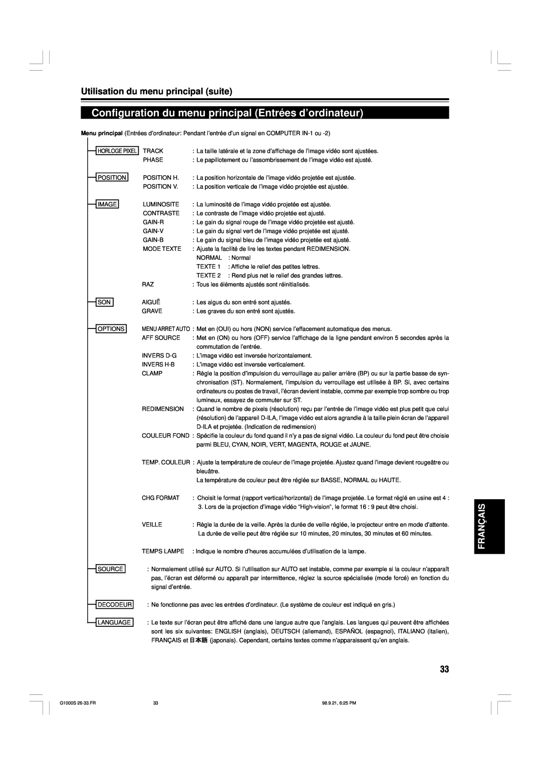 JVC G1000S manual Configuration du menu principal Entrées d’ordinateur, Utilisation du menu principal suite, Français 