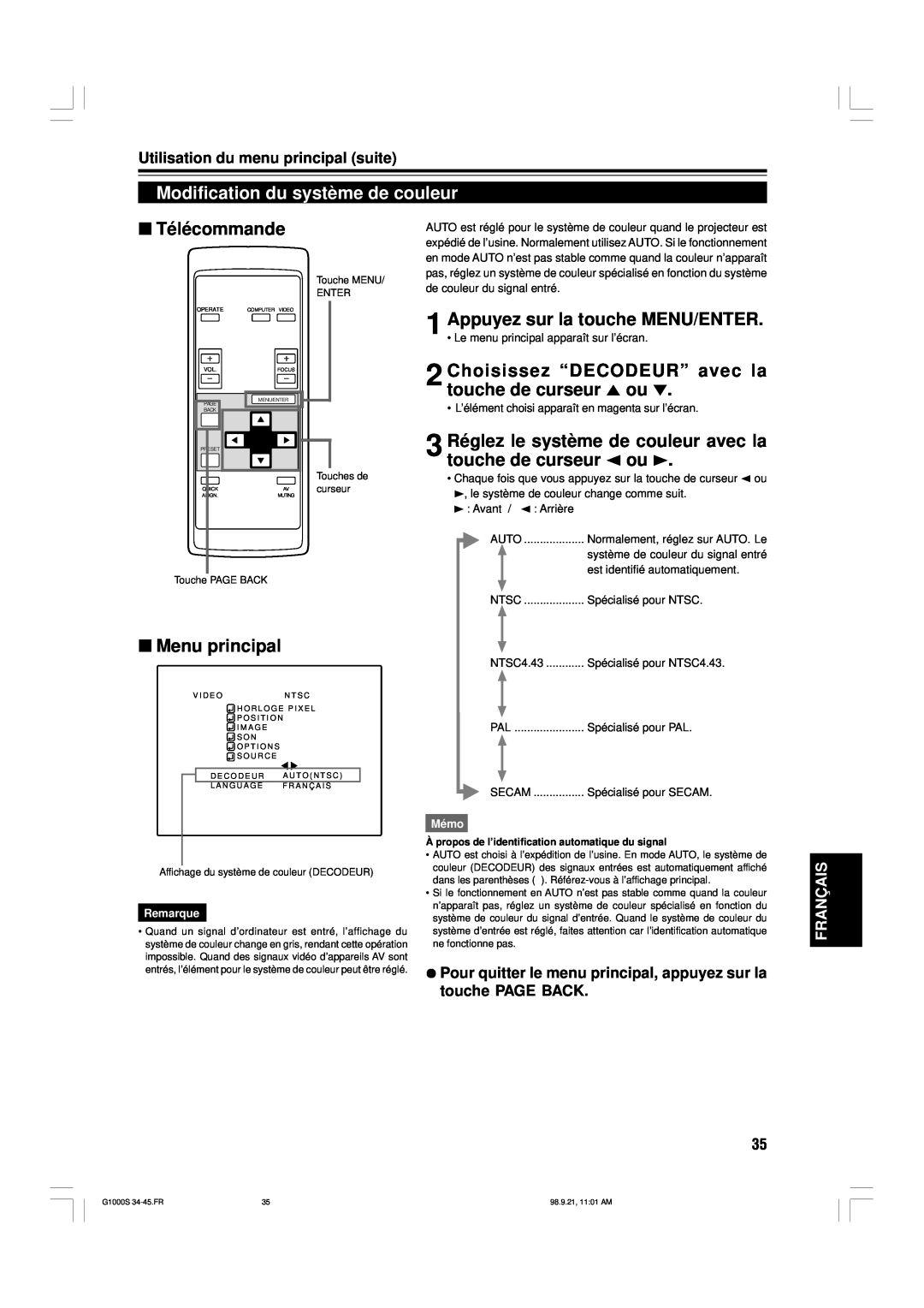 JVC G1000S Modification du système de couleur, Choisissez “DECODEUR” avec la touche de curseur 5 ou, Télécommande, Mémo 