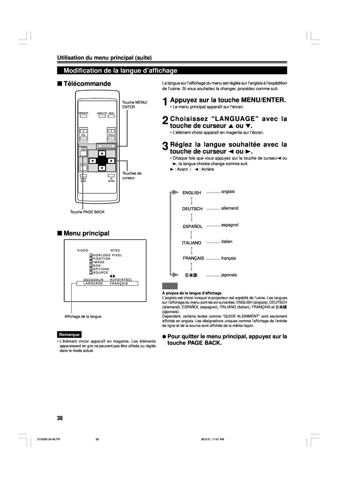 JVC G1000S manual Modification de la langue d’affichage, Choisissez “LANGUAGE” avec la touche de curseur 5 ou, Télécommande 