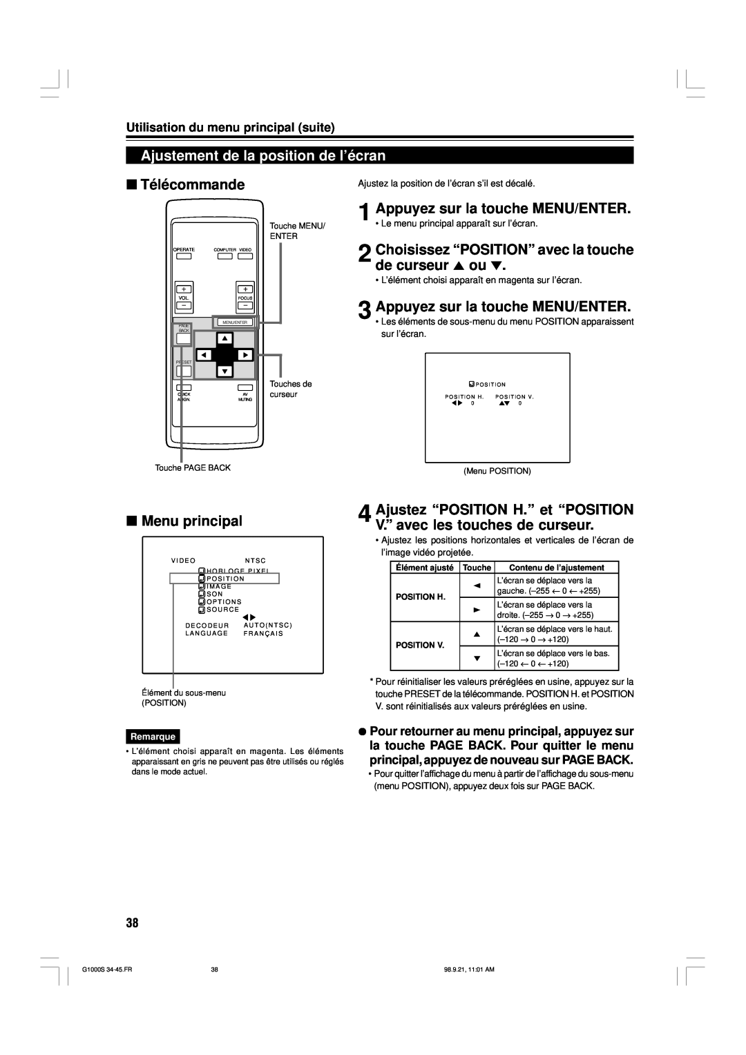 JVC G1000S manual Ajustement de la position de l’écran, Choisissez “POSITION” avec la touche de curseur 5 ou, Télécommande 