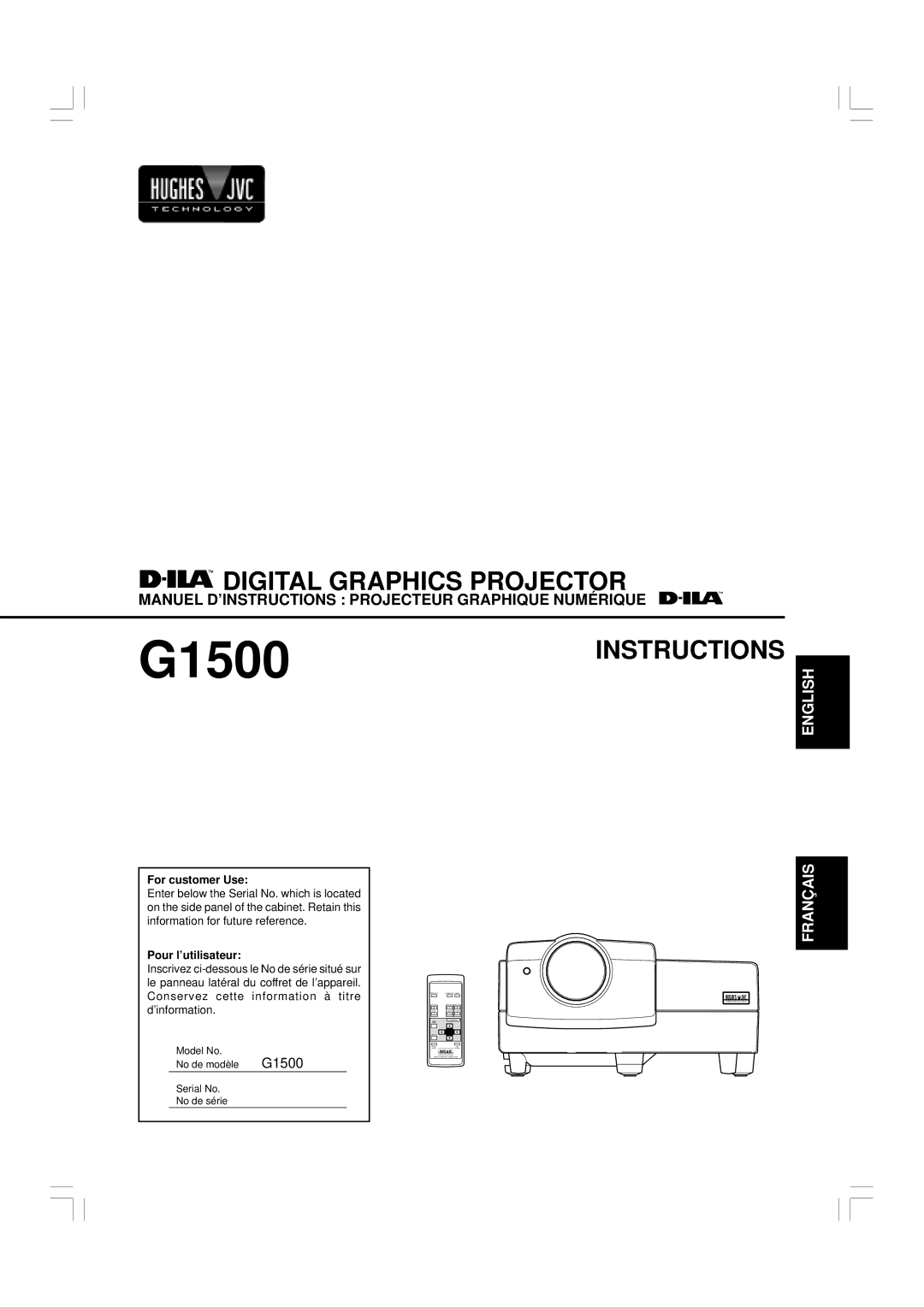 JVC manual For customer Use, Pour l’utilisateur, Model No No de modèle G1500 Serial No No de série 