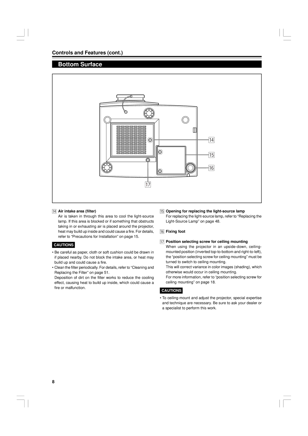 JVC G1500 manual Bottom Surface, Air intake area filter, Opening for replacing the light-source lamp 