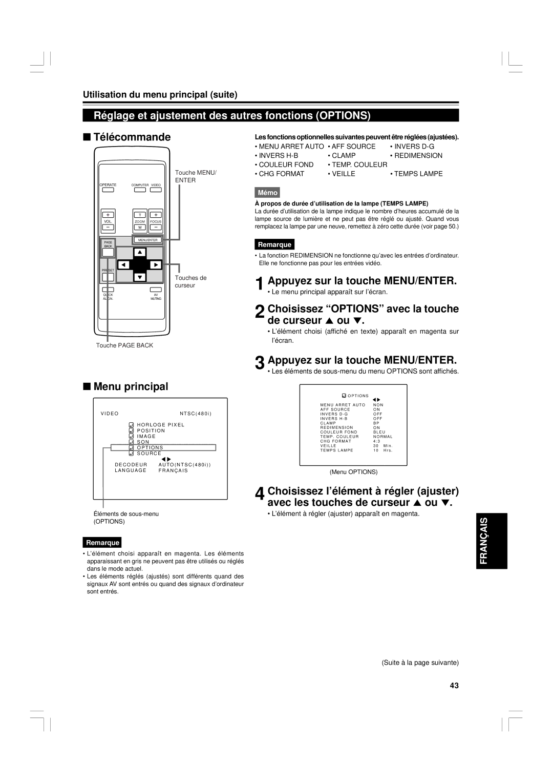 JVC G1500 manual Réglage et ajustement des autres fonctions Options, Choisissez Options avec la touche de curseur 5 ou 