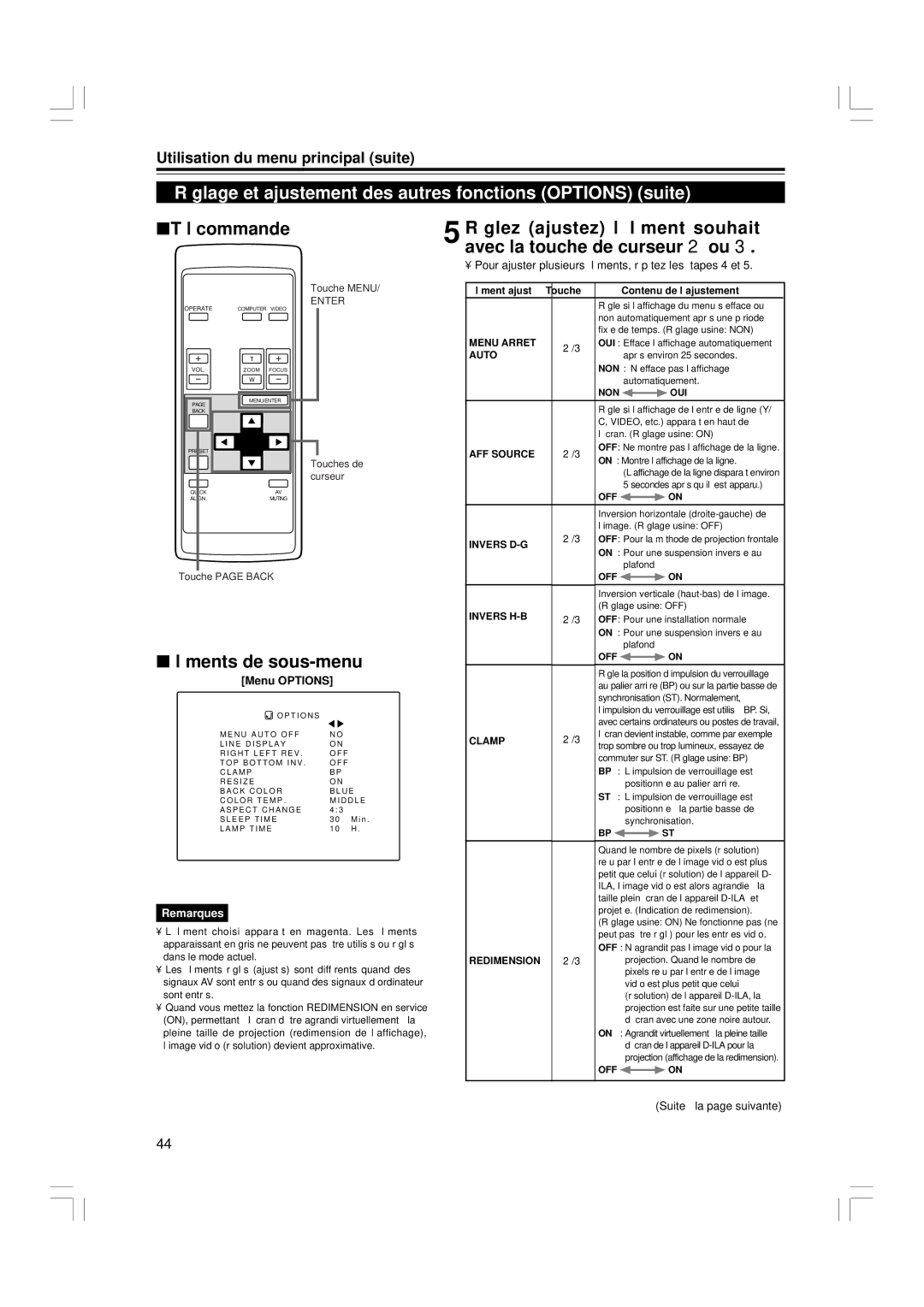 JVC G1500 manual Réglage et ajustement des autres fonctions Options suite, Menu Options 