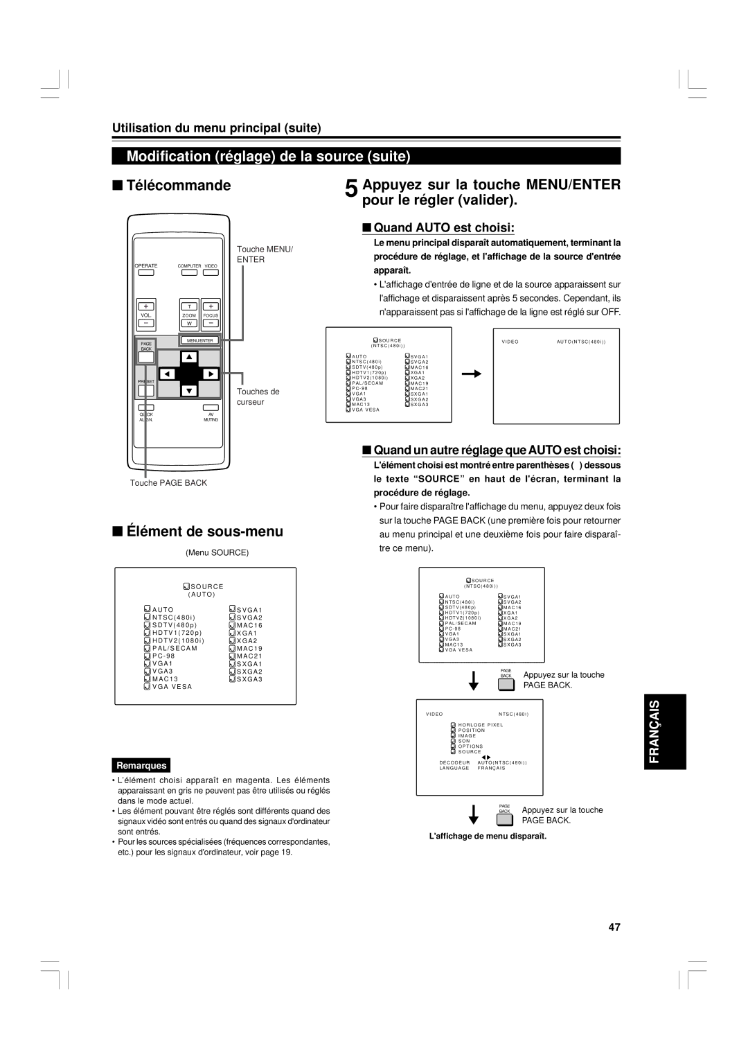 JVC G1500 manual Modification réglage de la source suite, Appuyez sur la touche MENU/ENTER pour le régler valider 