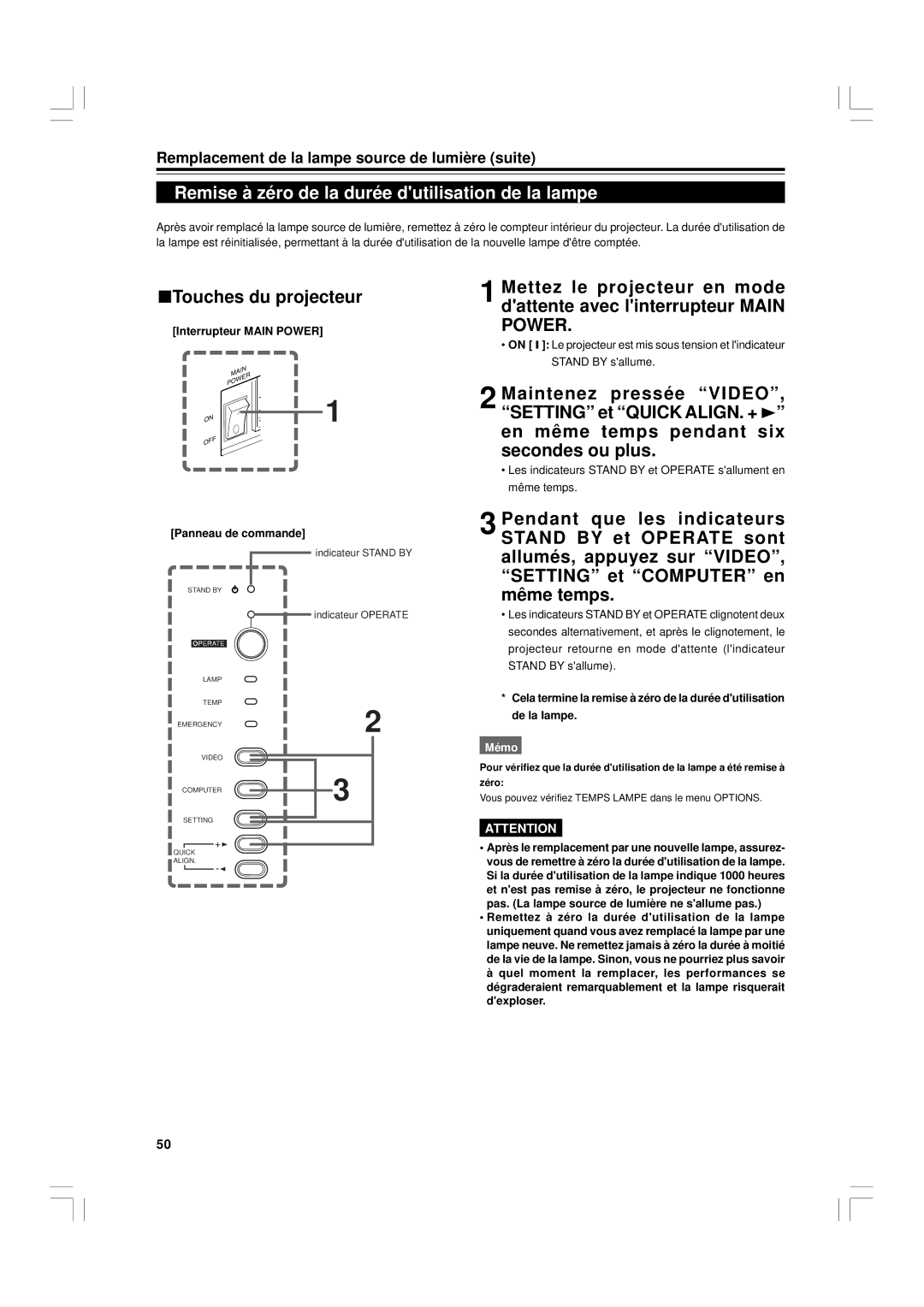 JVC G1500 manual Remise à zéro de la durée dutilisation de la lampe, Touches du projecteur 