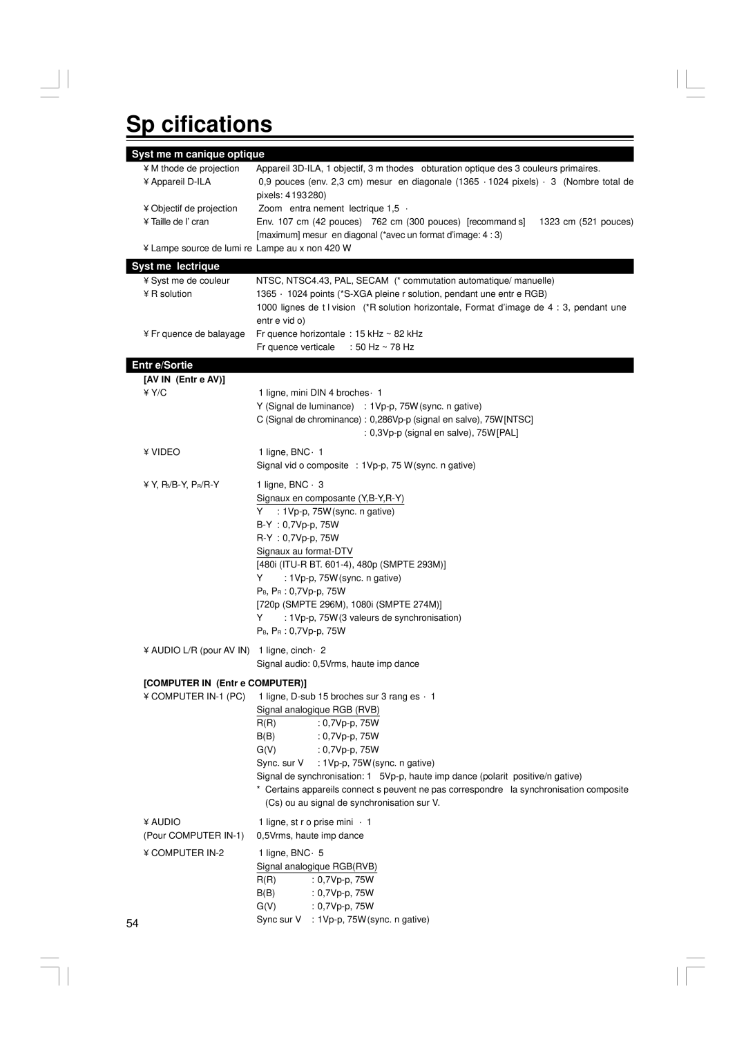 JVC G1500 manual Spécifications, AV in Entrée AV, Computer in Entrée Computer 