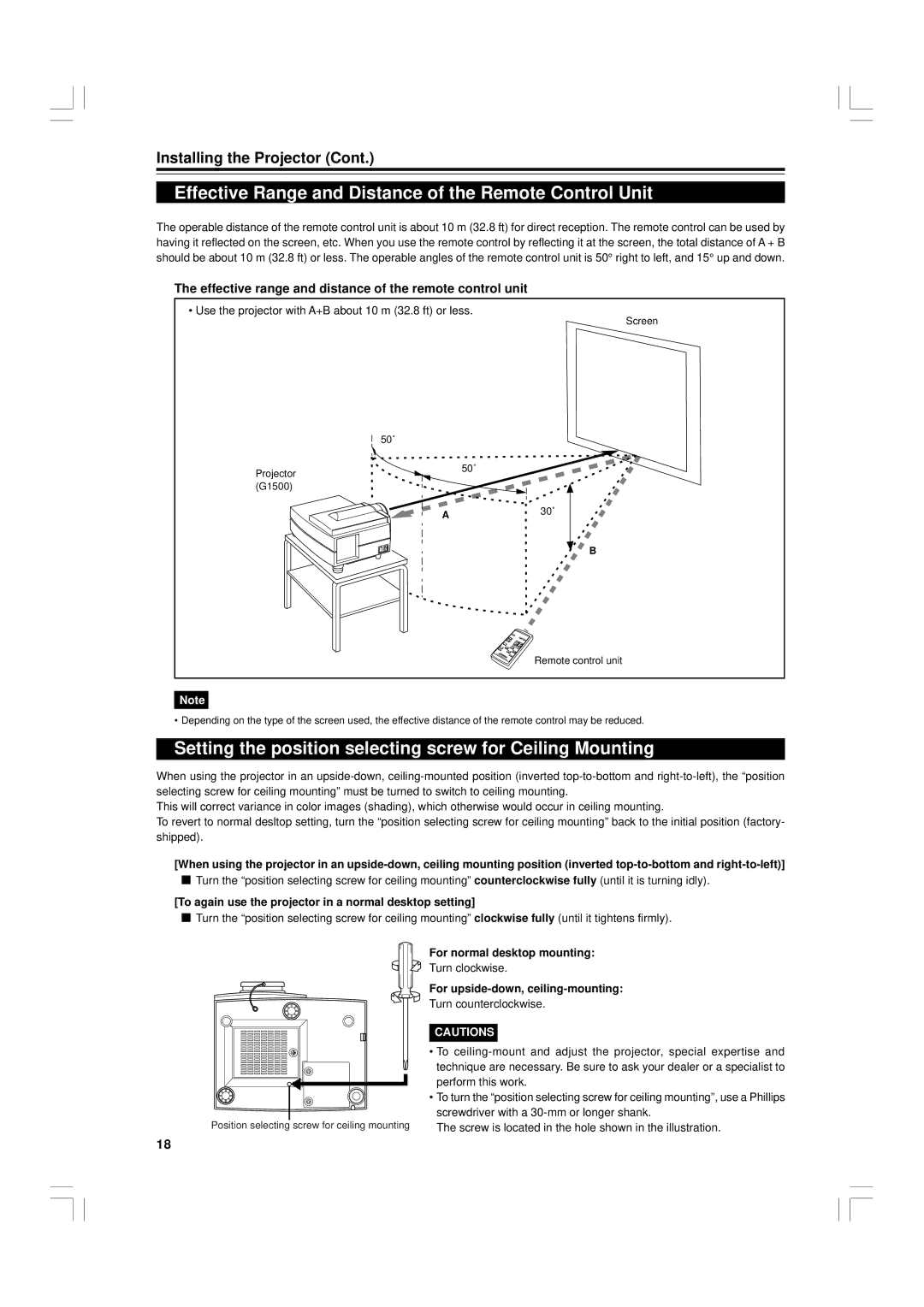 JVC G1500 Effective Range and Distance of the Remote Control Unit, Effective range and distance of the remote control unit 