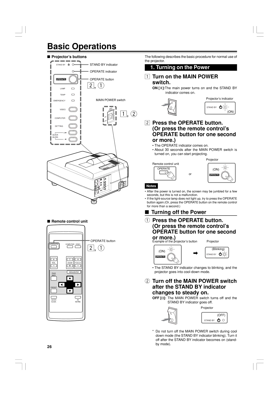 JVC G1500 manual Basic Operations, Turning on the Power 