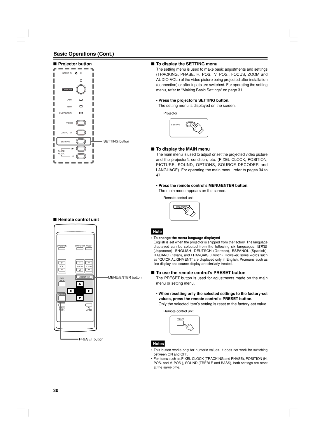 JVC G1500 Projector button To display the Setting menu, To display the Main menu, Press the projector’s Setting button 