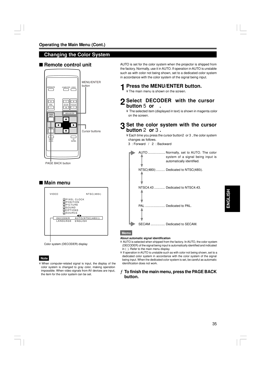 JVC G1500 manual Changing the Color System, Select Decoder with the cursor button 5 or 