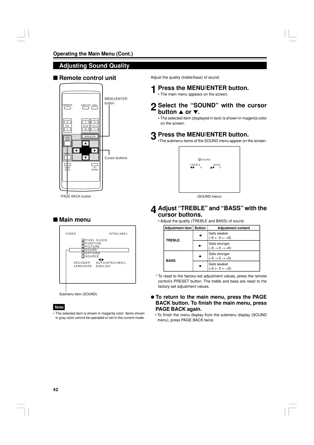 JVC G1500 manual Adjusting Sound Quality, Select the Sound with the cursor, Button 5 or 