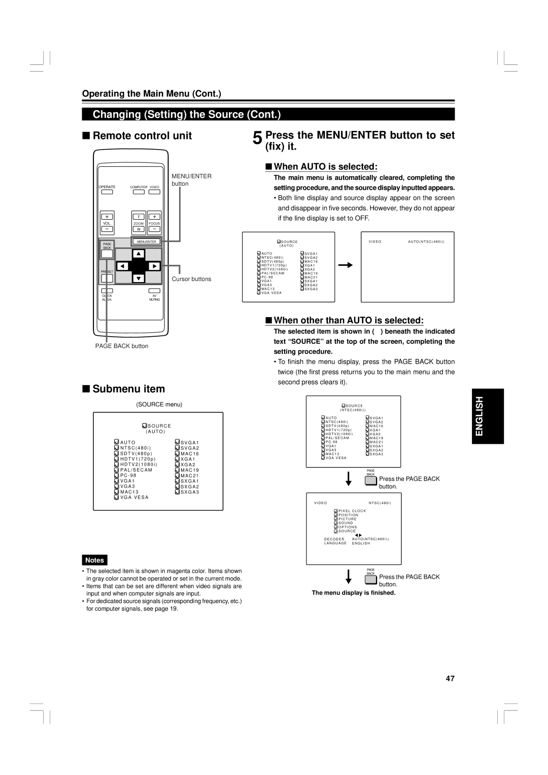 JVC G1500 Press the MENU/ENTER button to set fix it, Submenu item, When Auto is selected, When other than Auto is selected 