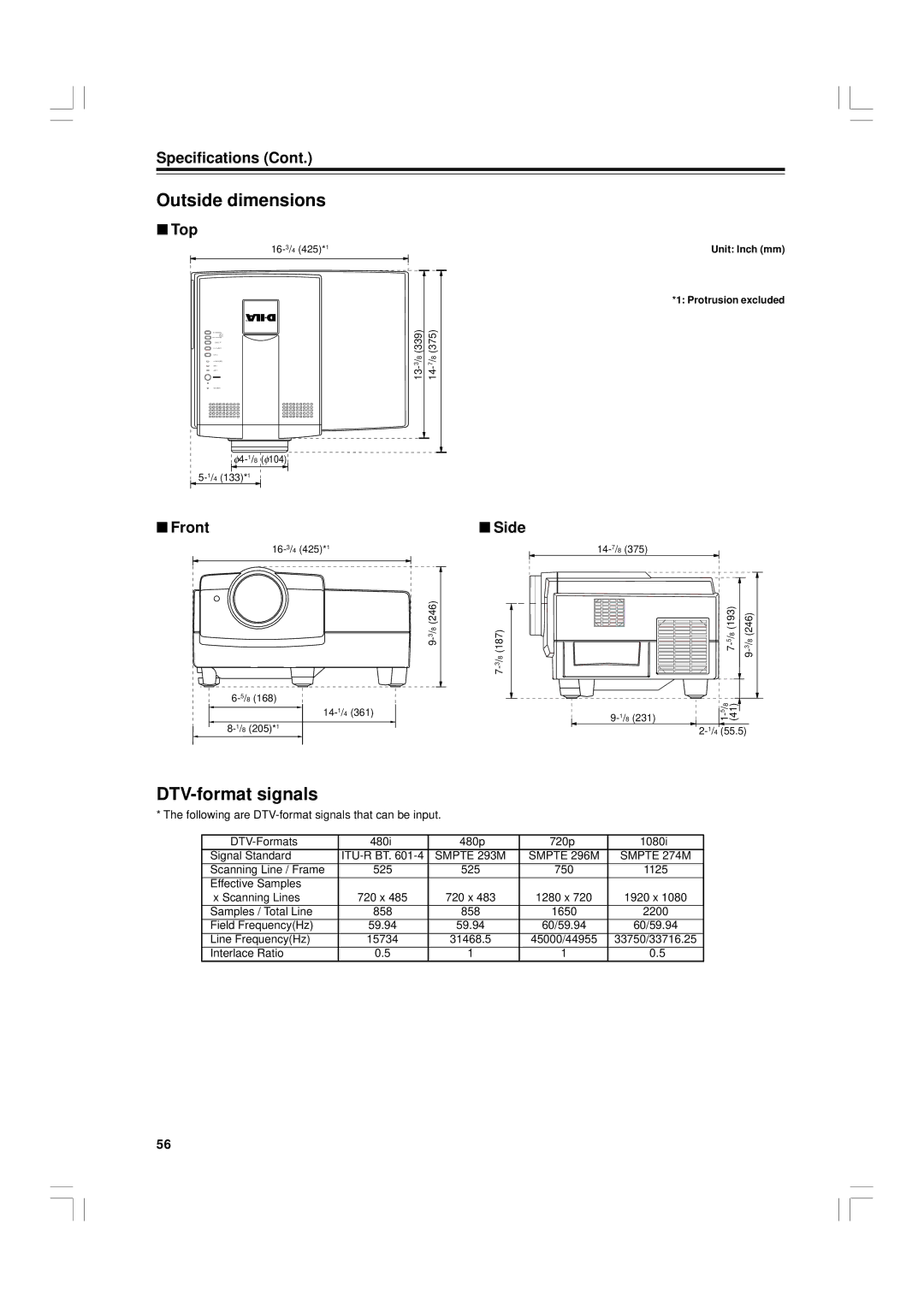 JVC G1500 manual Outside dimensions, DTV-format signals, Top, Front, Side 