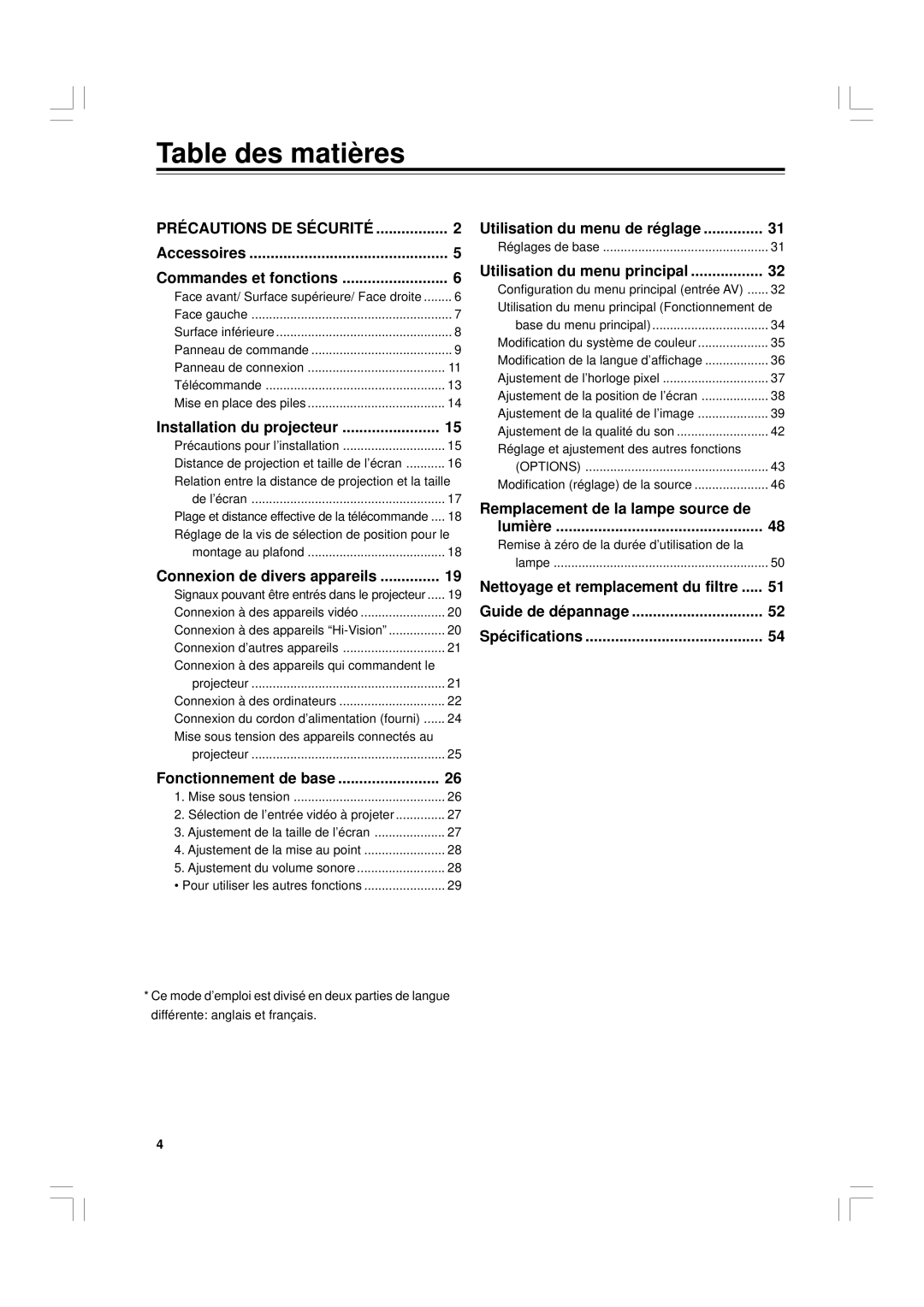 JVC G1500 manual Table des matières 