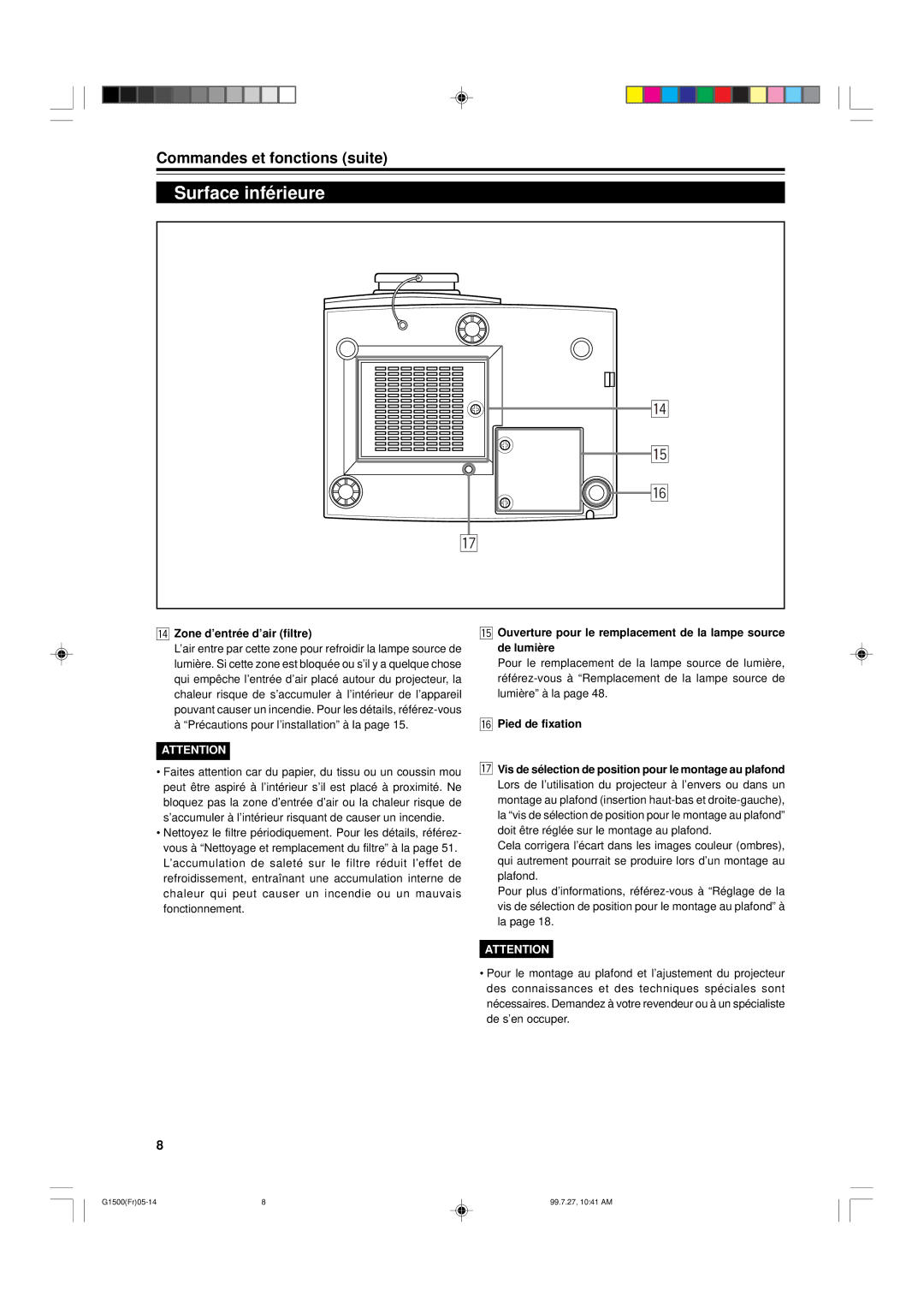 JVC G1500 manual Surface inférieure, Zone d’entrée d’air filtre, Pied de fixation 