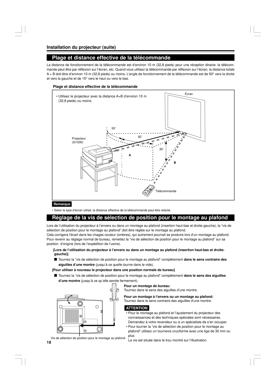 JVC G1500 manual Plage et distance effective de la télécommande, Pour un montage de bureau 