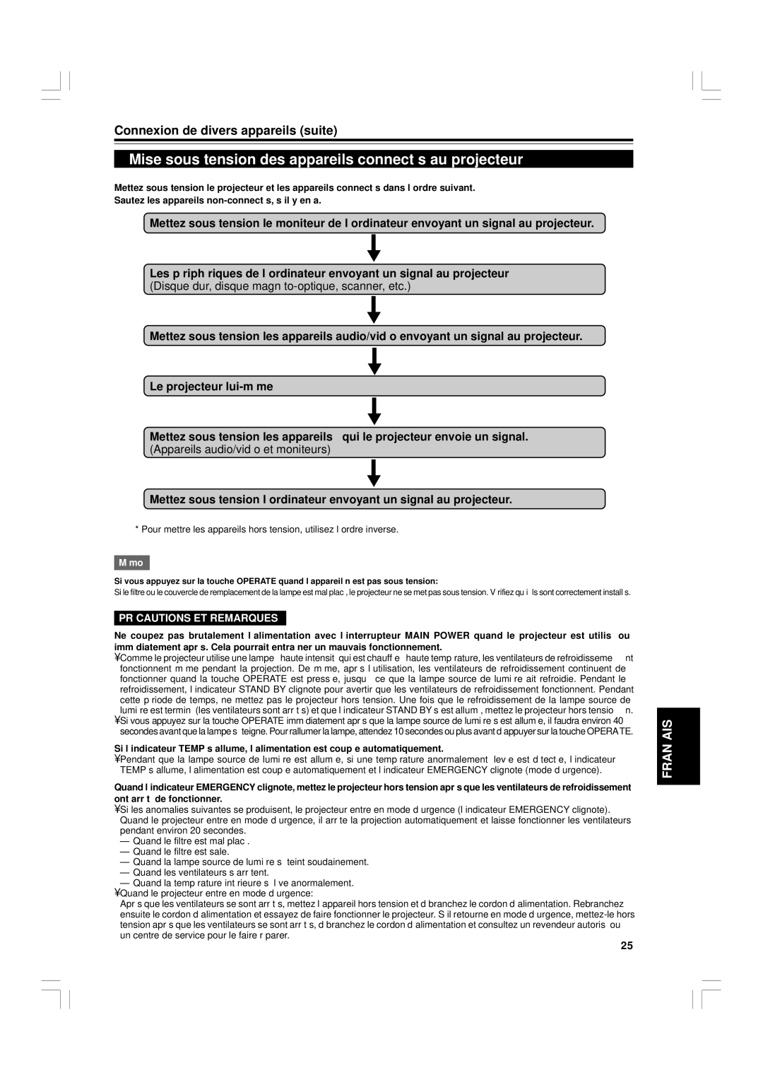 JVC G1500 manual Mise sous tension des appareils connectés au projecteur, Précautions ET Remarques 