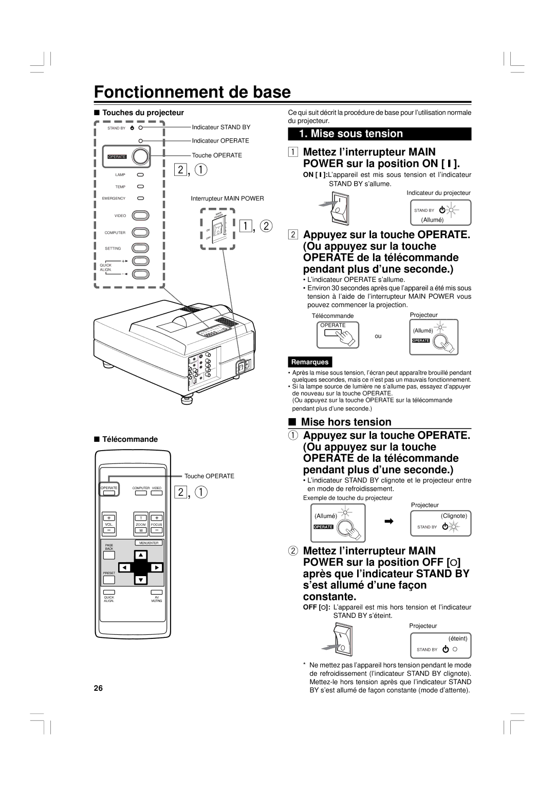 JVC G1500 manual Fonctionnement de base, Mise sous tension, Mise hors tension, Touches du projecteur, Télécommande 