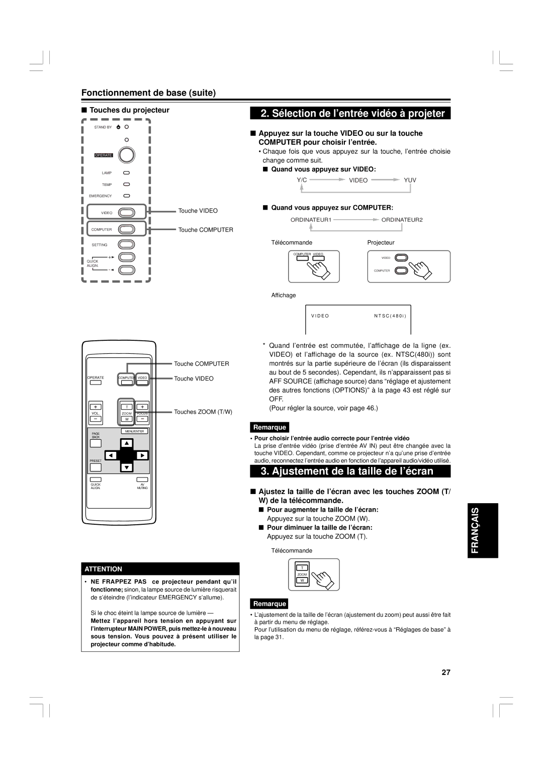 JVC G1500 manual Ajustement de la taille de l’écran, Fonctionnement de base suite, Quand vous appuyez sur Video 