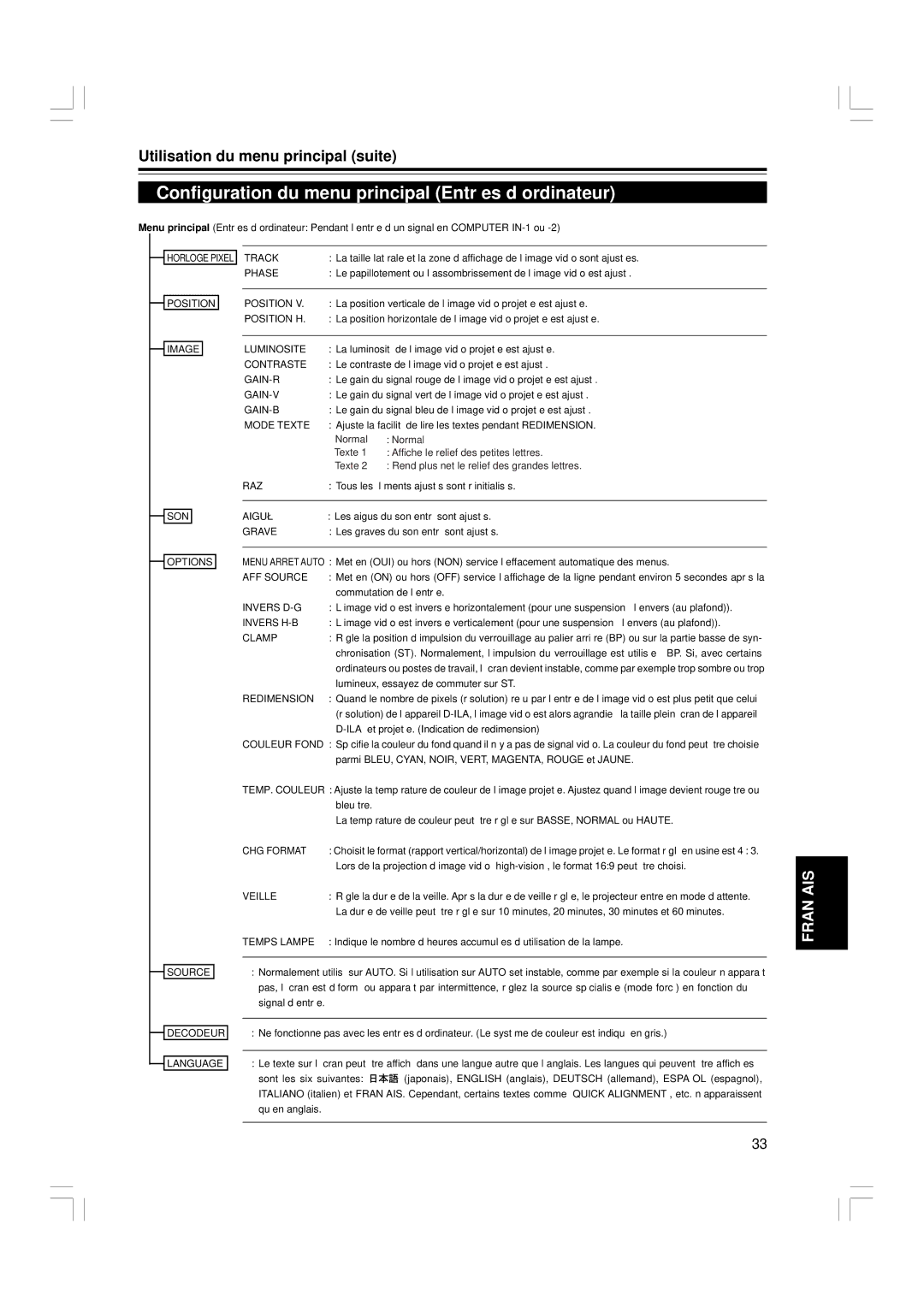 JVC G1500 manual Configuration du menu principal Entrées d’ordinateur, Utilisation du menu principal suite 