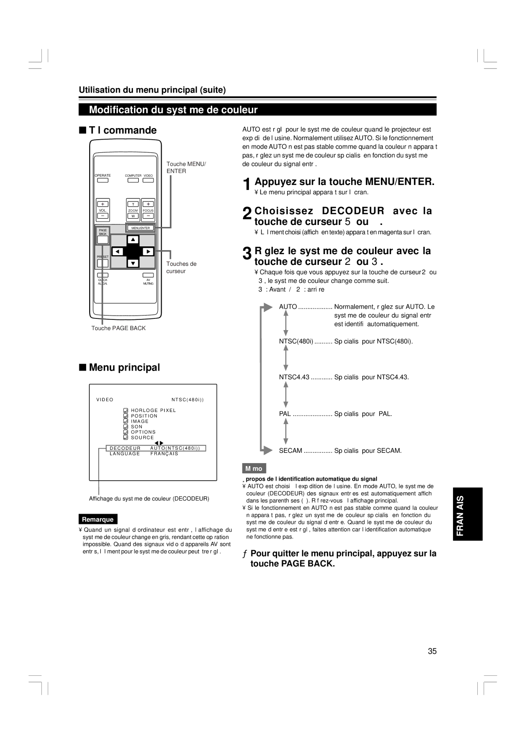 JVC G1500 manual Modification du système de couleur, Choisissez Decodeur avec la touche de curseur 5 ou 