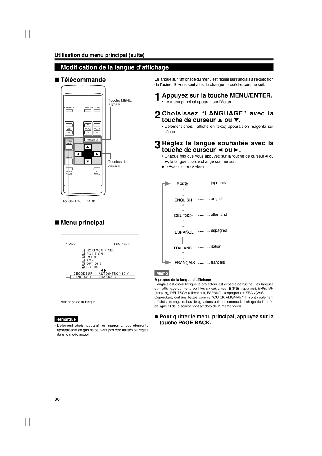 JVC G1500 manual Modification de la langue d’affichage, Réglez la langue souhaitée avec la touche de curseur 2 ou 