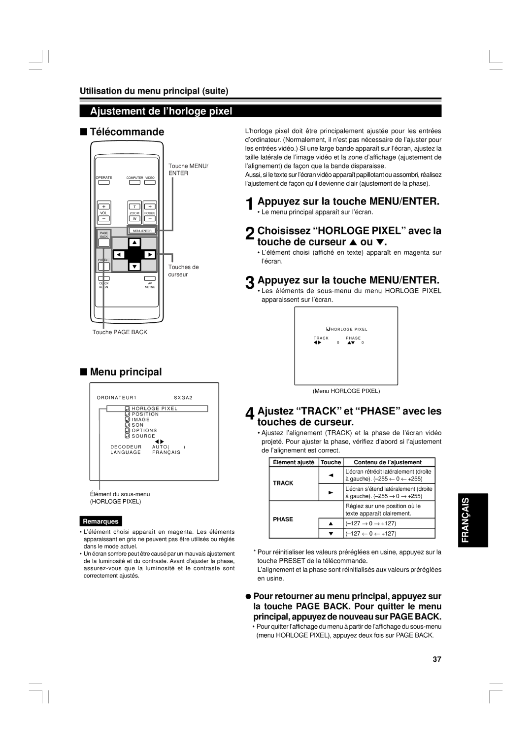 JVC G1500 manual Ajustement de l’horloge pixel, Ajustez Track et Phase avec les touches de curseur, Horloge Pixel 