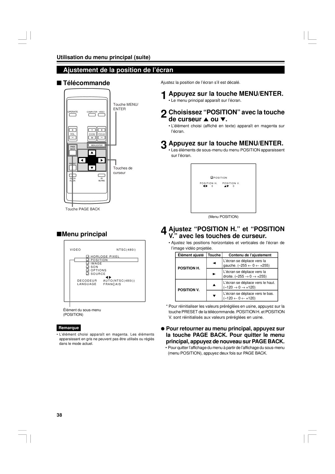 JVC G1500 manual Ajustement de la position de l’écran, Choisissez Position avec la touche de curseur 5 ou 