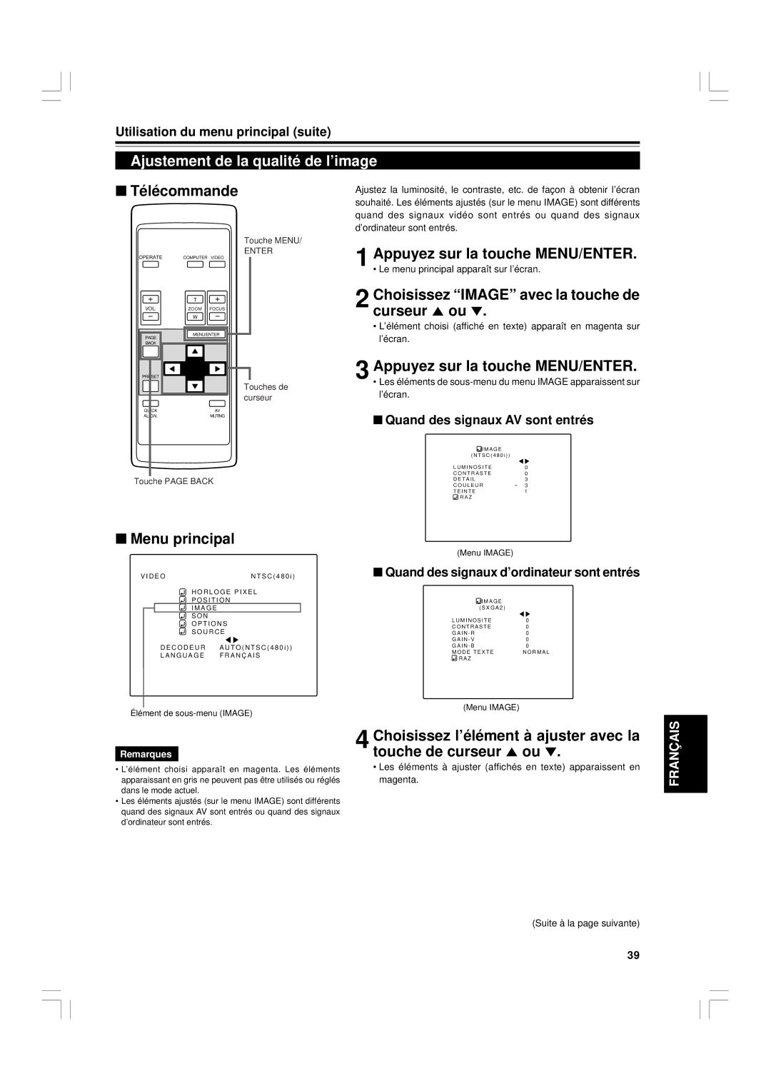 JVC G1500 Ajustement de la qualité de l’image, Choisissez Image avec la touche de curseur 5 ou, Suite à la page suivante 