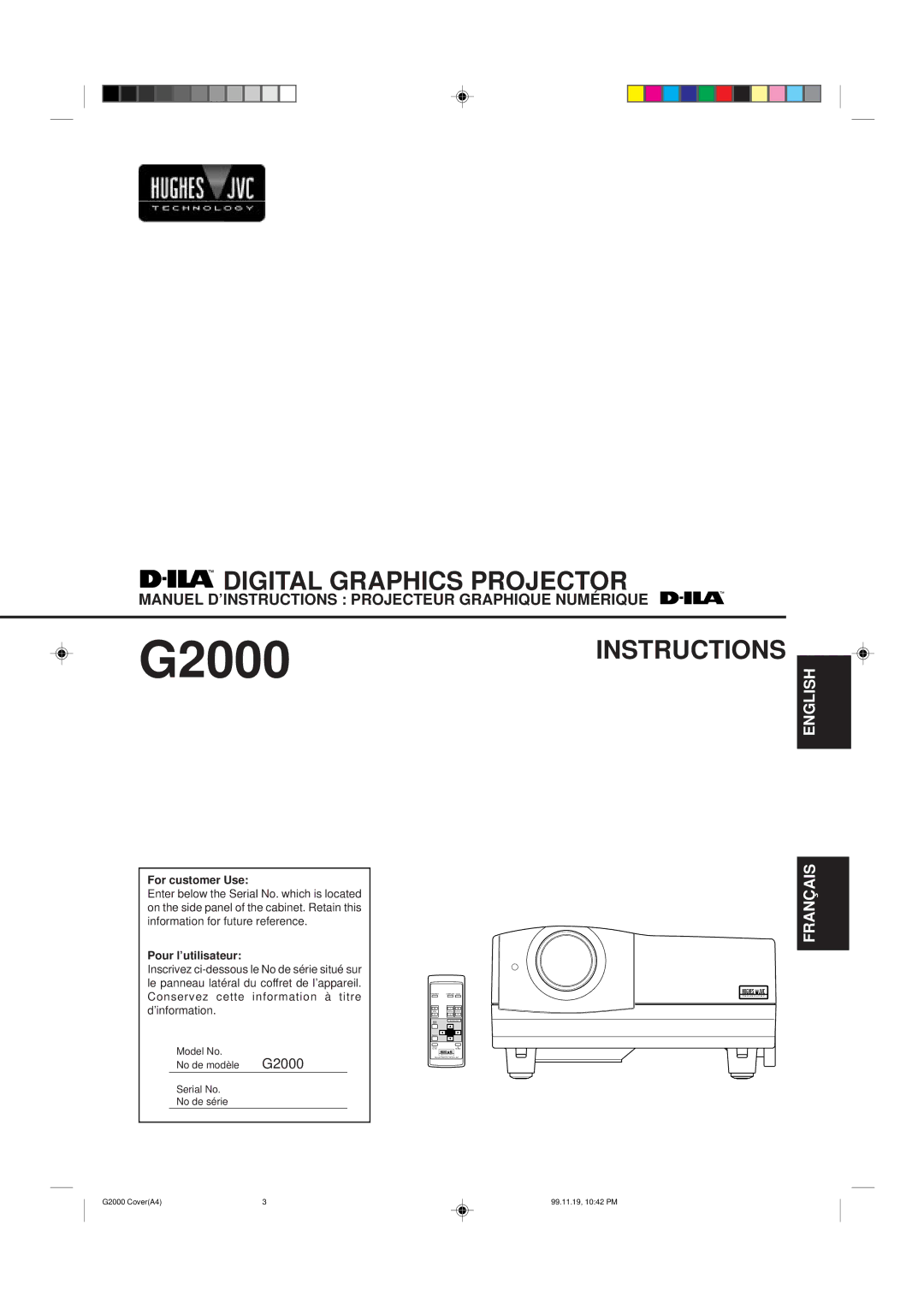 JVC manual For customer Use, Pour l’utilisateur, Model No No de modèle G2000 Serial No No de série 